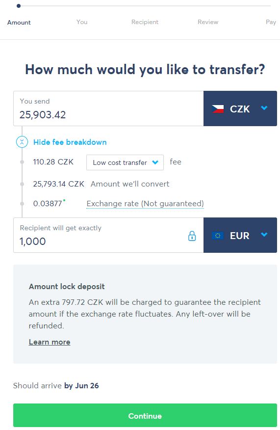 Ukázka výměny peněz u TransferWise